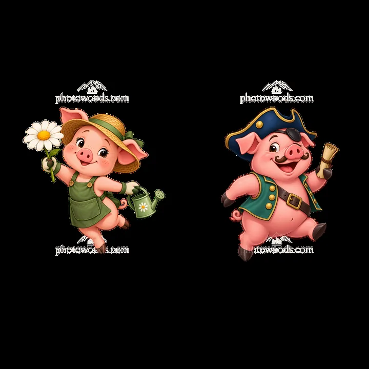 Cheerful pigs in garden and pirate outfits - AI-generated stock image