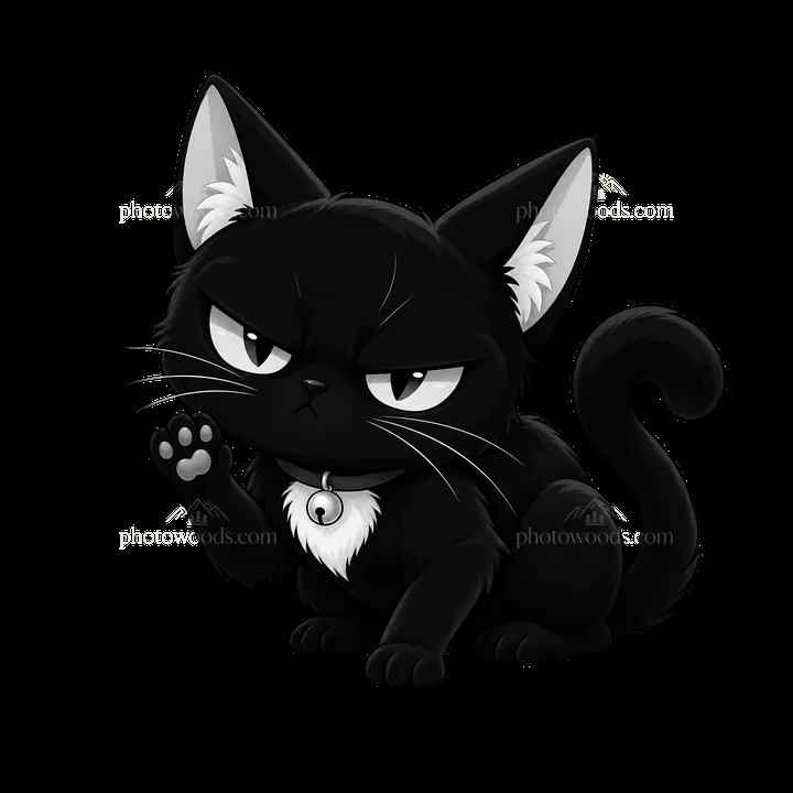 Kawaii grumpy black cat with raised paw and distinctive features - AI-generated stock image