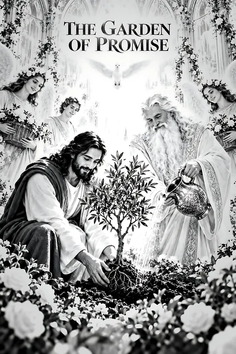 Garden scene with figures planting a tree in a spiritual setting - AI-generated stock image