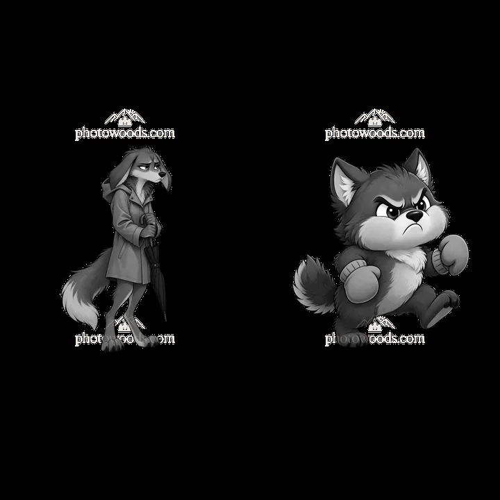 Grumpy wolf character duo walking and running in black and white - AI-generated stock image