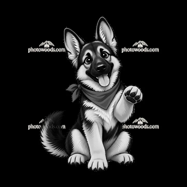 German Shepherd dog with raised paw and bandana in monochrome - AI-generated stock image
