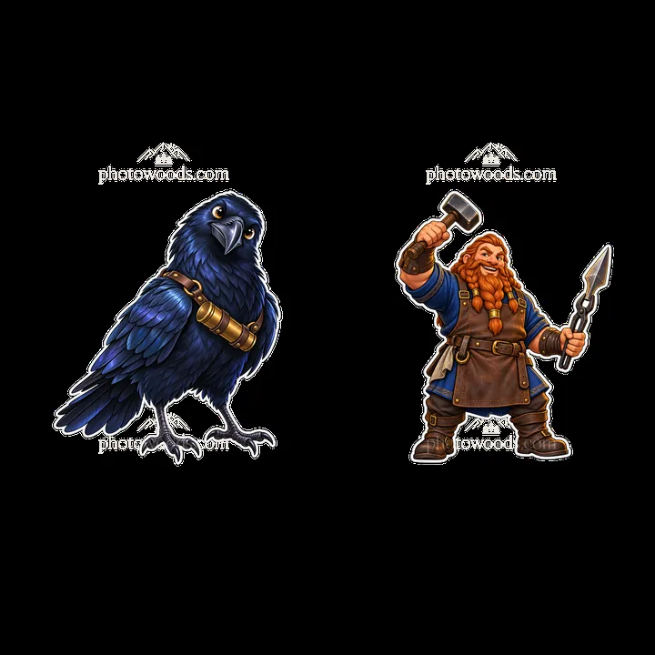 Odin's companions: a raven and a warrior holding a hammer - AI-generated stock image