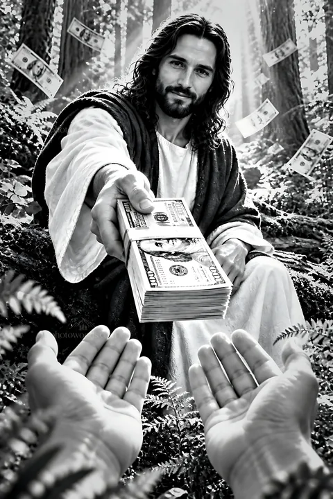 Forest clearing with a figure offering money - AI-generated stock image