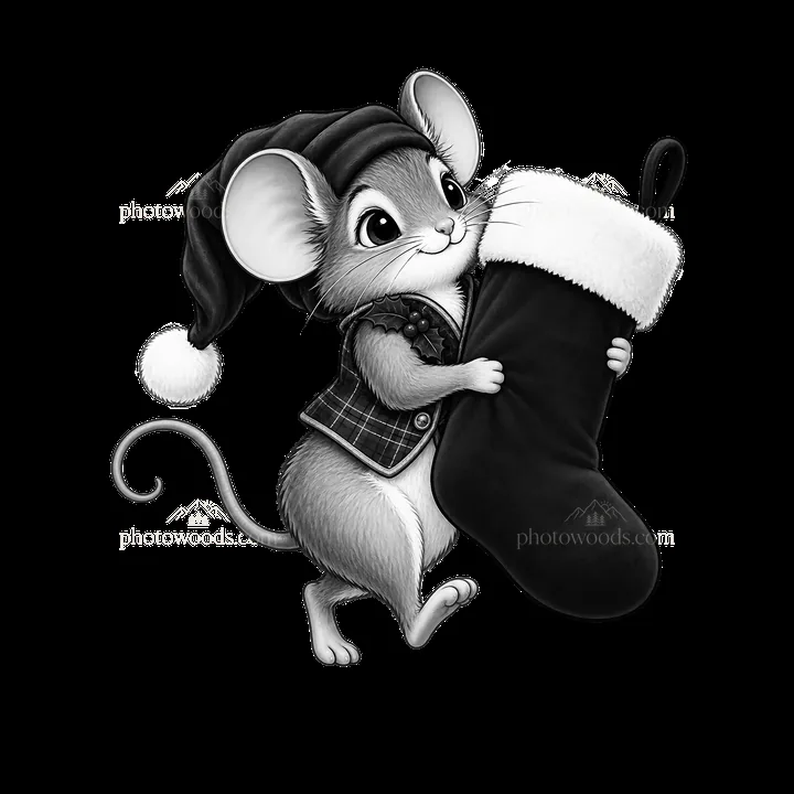 Mouse carrying Christmas stocking near a fireplace - AI-generated stock image