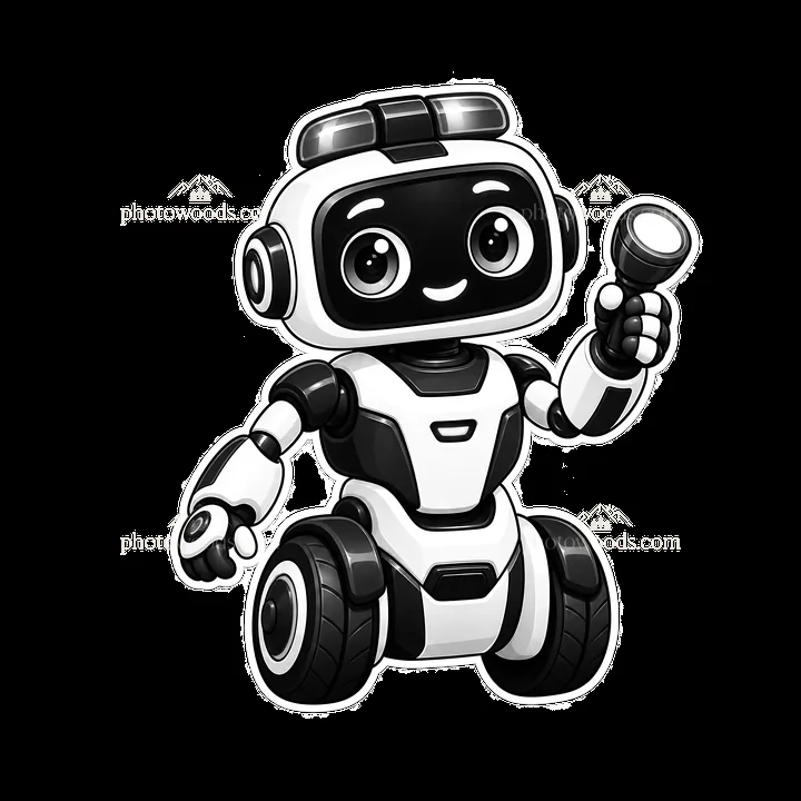 Robot holding a flashlight in a monochrome cartoon style - AI-generated stock image