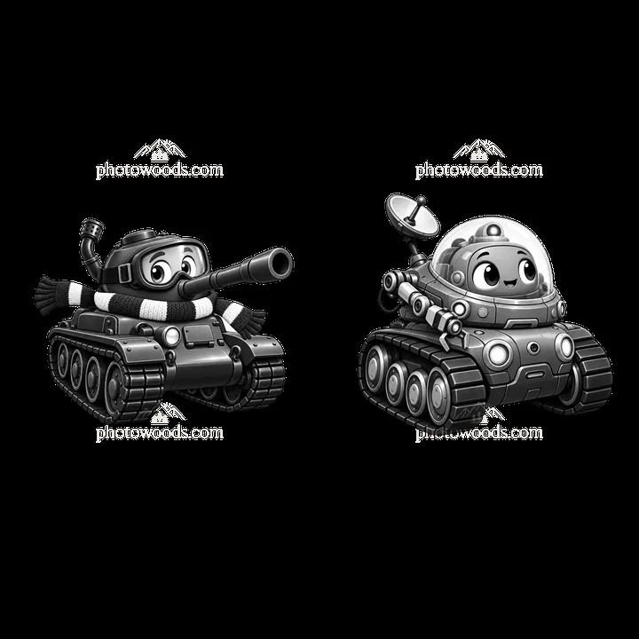 Cartoon tanks with accessories in playful poses - AI-generated stock image