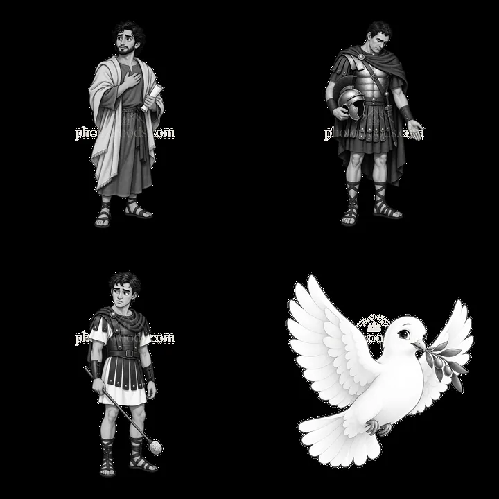 Monochrome cartoon scene featuring figures of Jesus and soldiers - AI-generated stock image