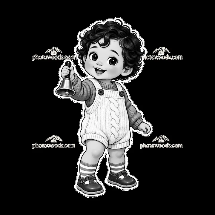 Toddler with curly hair holding a bell and wearing overalls - AI-generated stock image