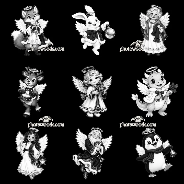 Christmas angel characters in black and white cartoon stickers - AI-generated stock image