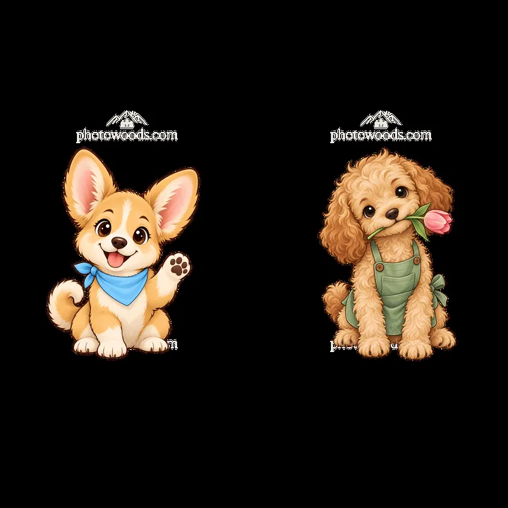 Cute cartoon dog stickers with Corgi and Poodle characters - AI-generated stock image