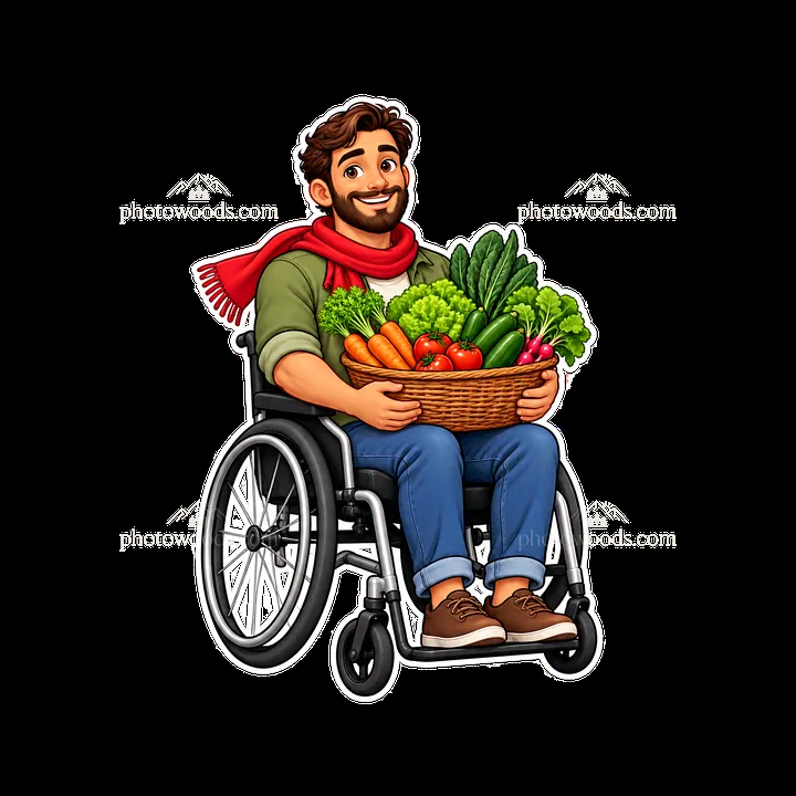 Man in wheelchair holding basket of fresh vegetables - AI-generated stock image
