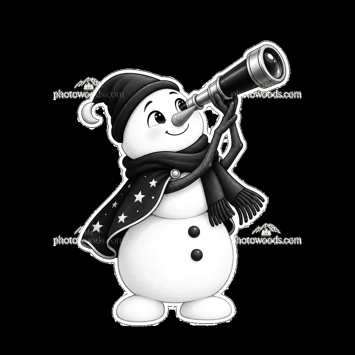 Snowman looking through a telescope with a scarf and hat - AI-generated stock image