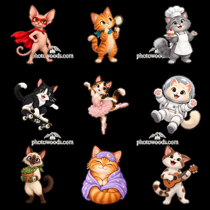 Nine cartoon cats in various costumes and activities - AI-generated stock image