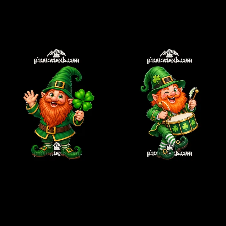 St. Patrick's Day gnomes celebrating with shamrocks and drums - AI-generated stock image