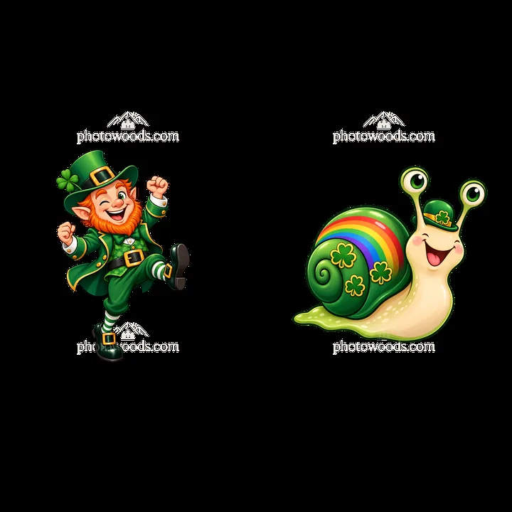 Leprechaun dancing with cheerful snail on St. Patrick's Day - AI-generated stock image