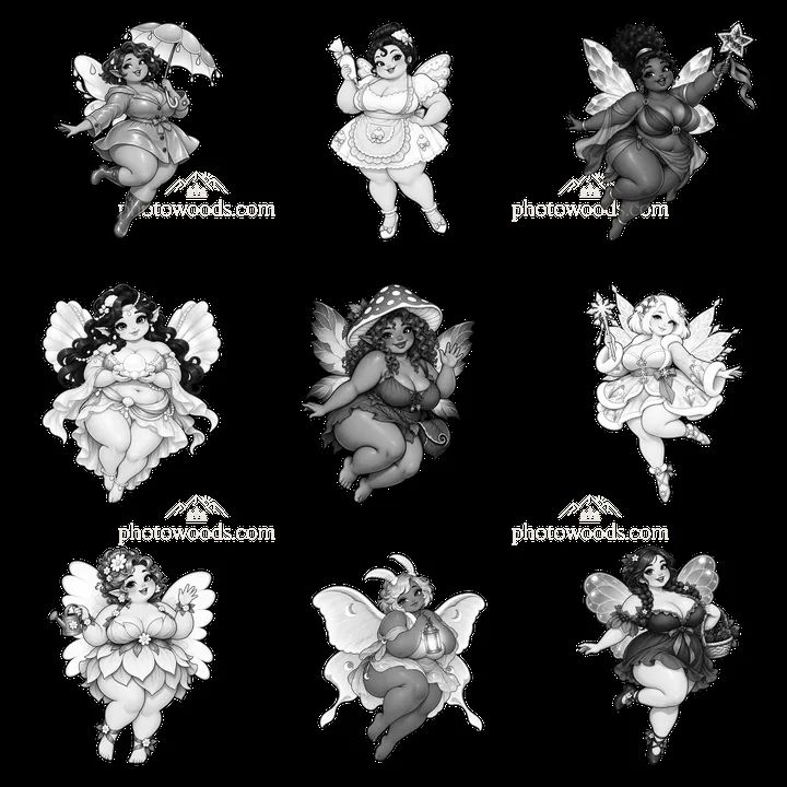 Kawaii ultra-fat fairy cartoon sticker set in black and white - AI-generated stock image