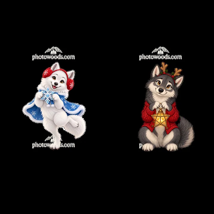 Christmas wolves in festive attire with decorations - AI-generated stock image