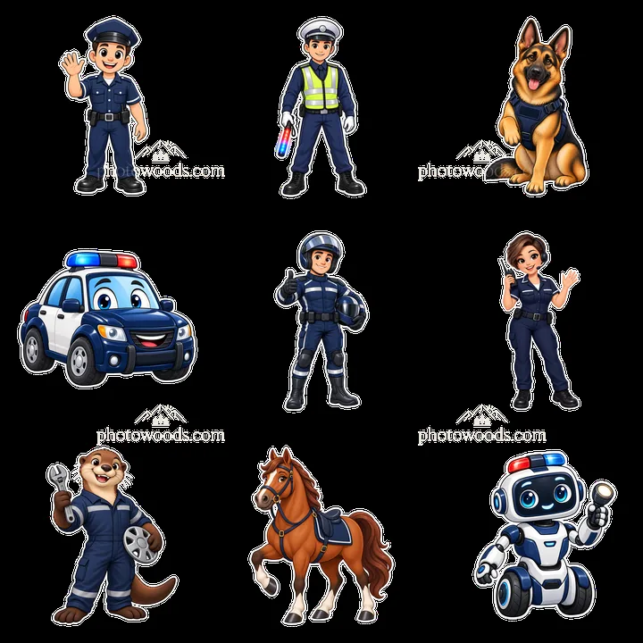Police characters and vehicles in a fun cartoon style - AI-generated stock image
