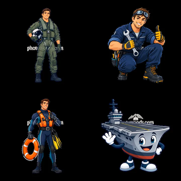 Cartoon sticker characters related to aircraft carriers and pilots - AI-generated stock image