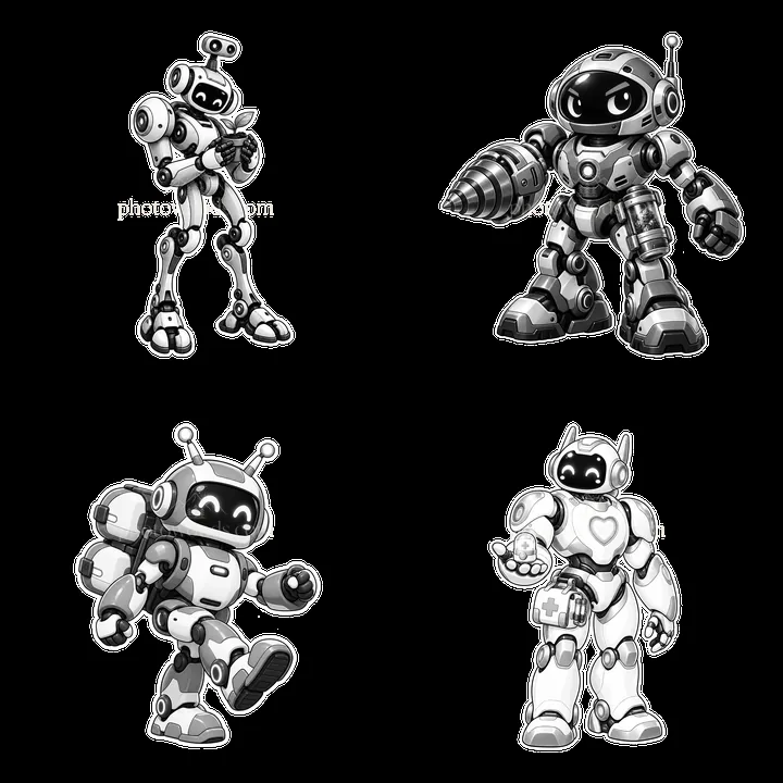 Four mech robots in black and white design - AI-generated stock image