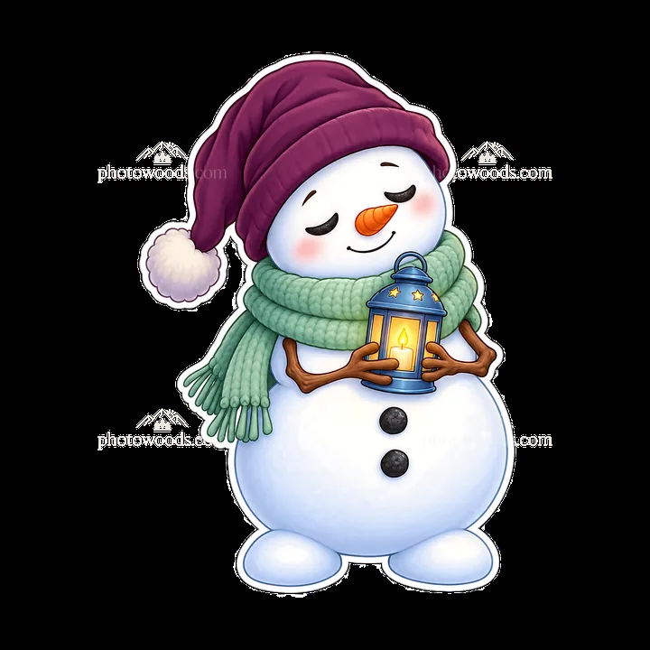 Snowman holding a lantern, wearing a green scarf and purple hat - AI-generated stock image