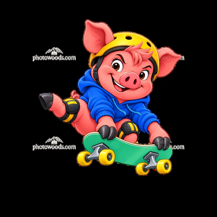 Playful pig in a hoodie skating on a skateboard - AI-generated stock image