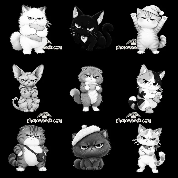 Kawaii grumpy cats in various poses and expressions in grid layout - AI-generated stock image