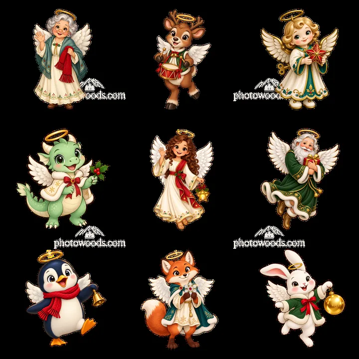 Christmas angels and friends in a festive 3x3 layout - AI-generated stock image