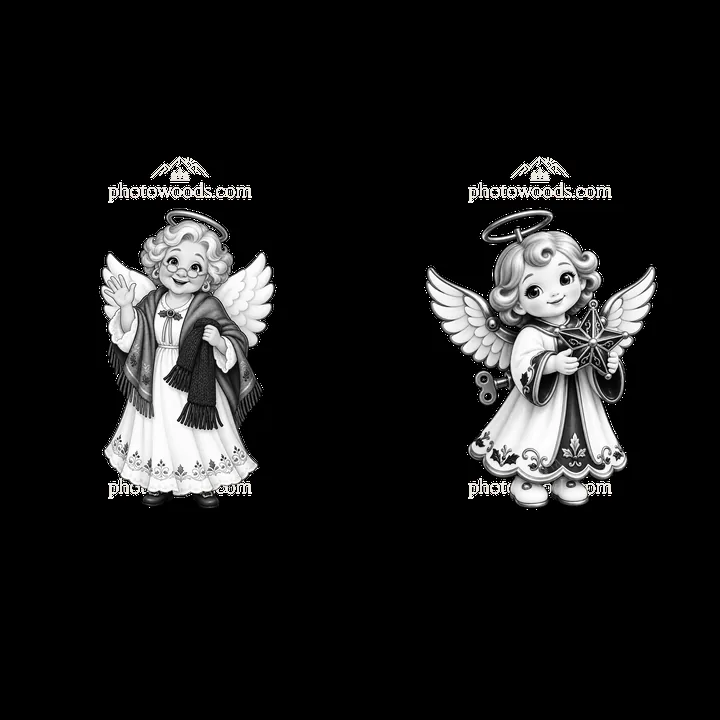 Christmas angel duo holding gifts and greeting in black and white - AI-generated stock image