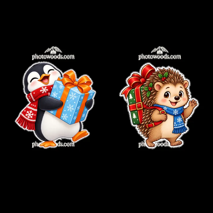 Penguin and hedgehog carrying Christmas gifts in bright colors - AI-generated stock image