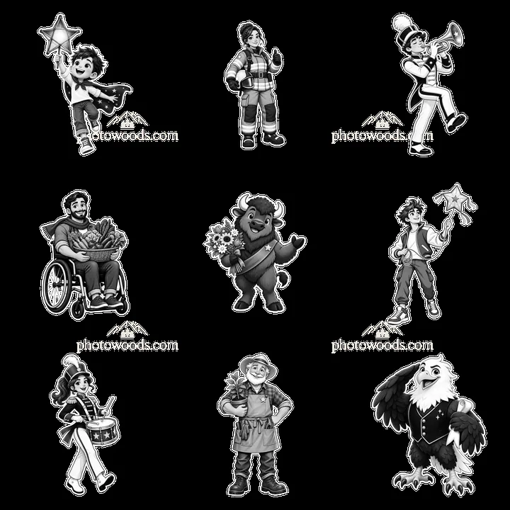 Cartoon characters engaging in various activities in a grid layout - AI-generated stock image