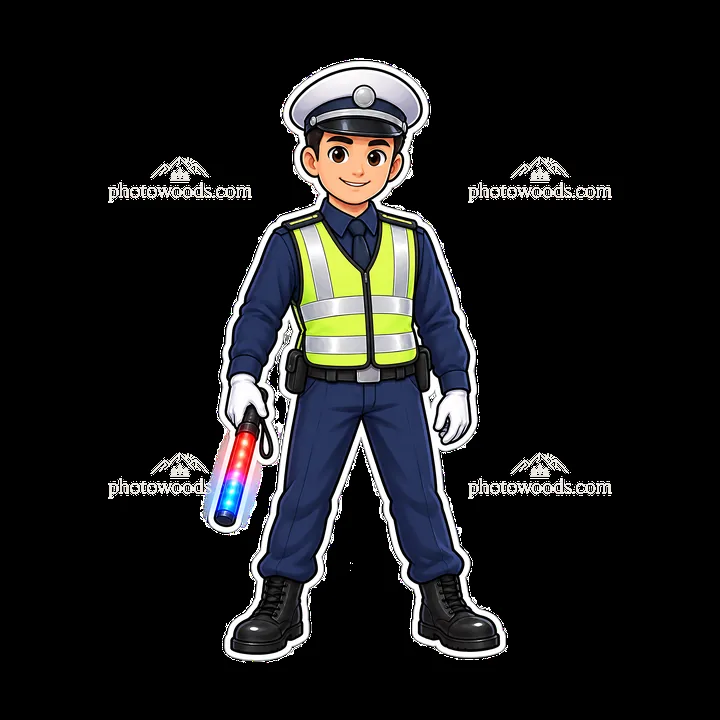 Cartoon police officer holding a traffic wand with colorful lights - AI-generated stock image