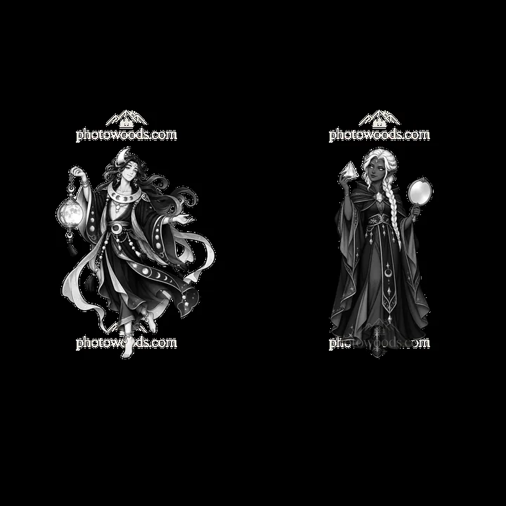 Pagan gods holding symbols in a monochrome cartoon illustration - AI-generated stock image