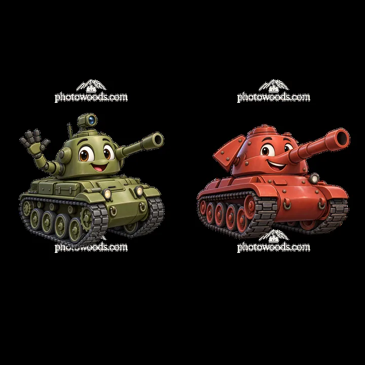 Cartoon tank characters with cheerful expressions and friendly poses - AI-generated stock image