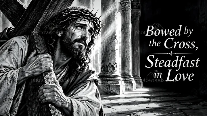 Bowed by the cross, steadfast in love - AI-generated stock image