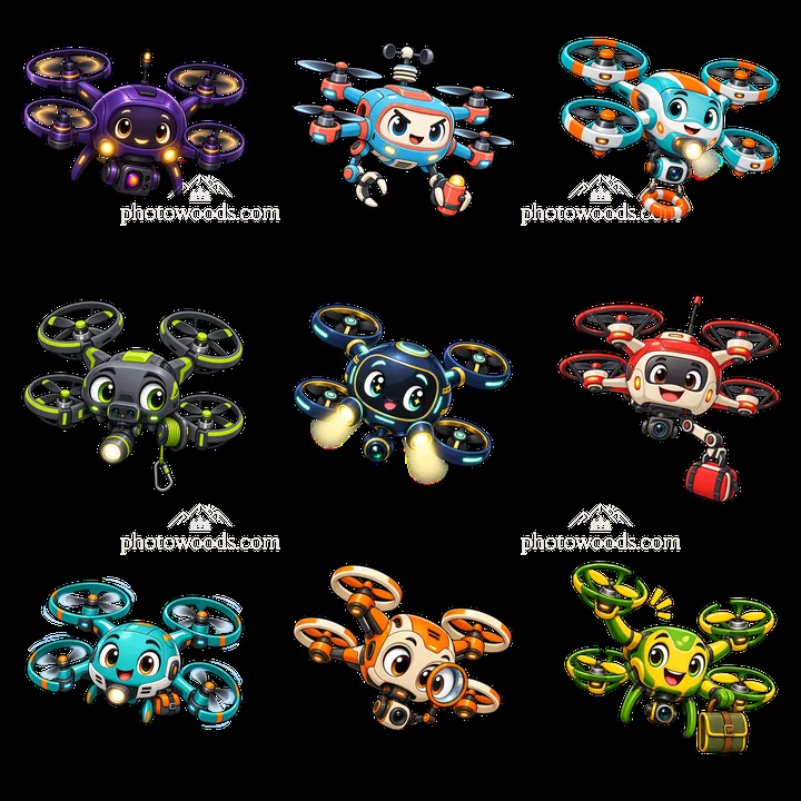 Colorful cartoon drones in a grid layout for fun design projects - AI-generated stock image