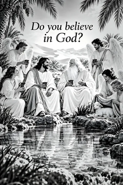 Believe in God with angels by the water - AI-generated stock image