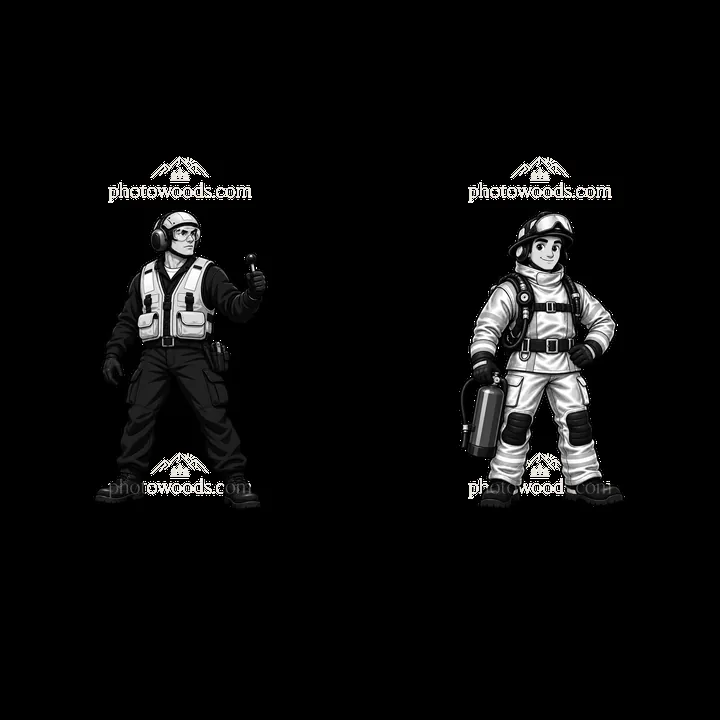 Cartoon stickers of a deck officer and firefighter on a carrier - AI-generated stock image