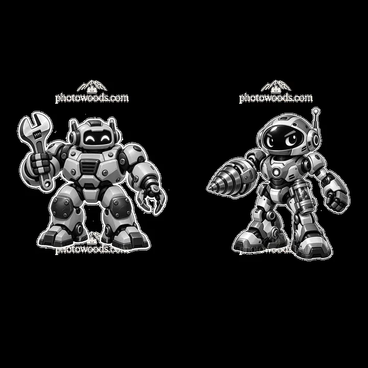 Mech robots holding a wrench and drill in a monochrome style - AI-generated stock image