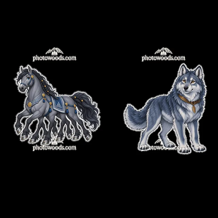 Odin's horse and wolf in detailed cartoon sticker design - AI-generated stock image