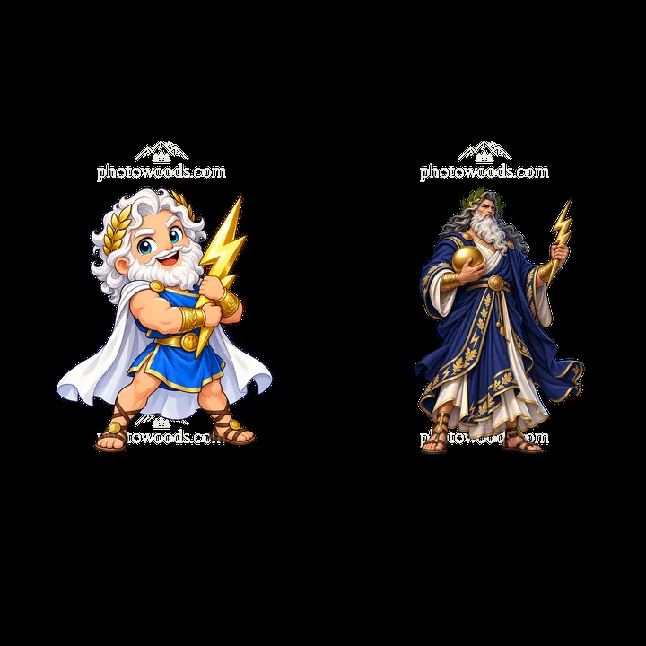 Zeus cartoon stickers with lightning bolts in two distinct poses - AI-generated stock image