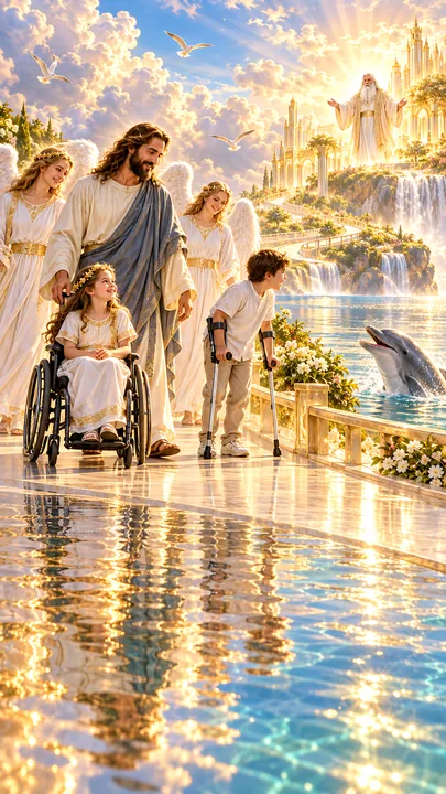 Jesus Christ walking with children and angels in a heavenly setting - AI-generated stock image