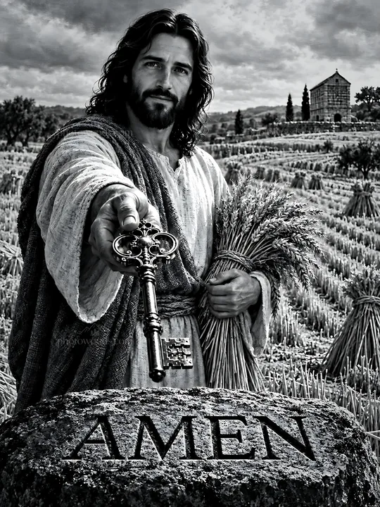Harvest field with a figure holding a key and wheat - AI-generated stock image