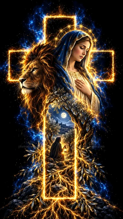 Jesus Christ depicted with a lion and a woman in worship - AI-generated stock image