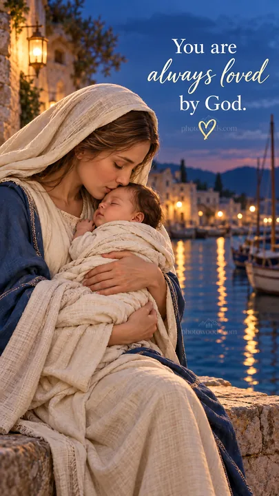 Jesus Christ comforting Mary and baby Jesus by the water - AI-generated stock image