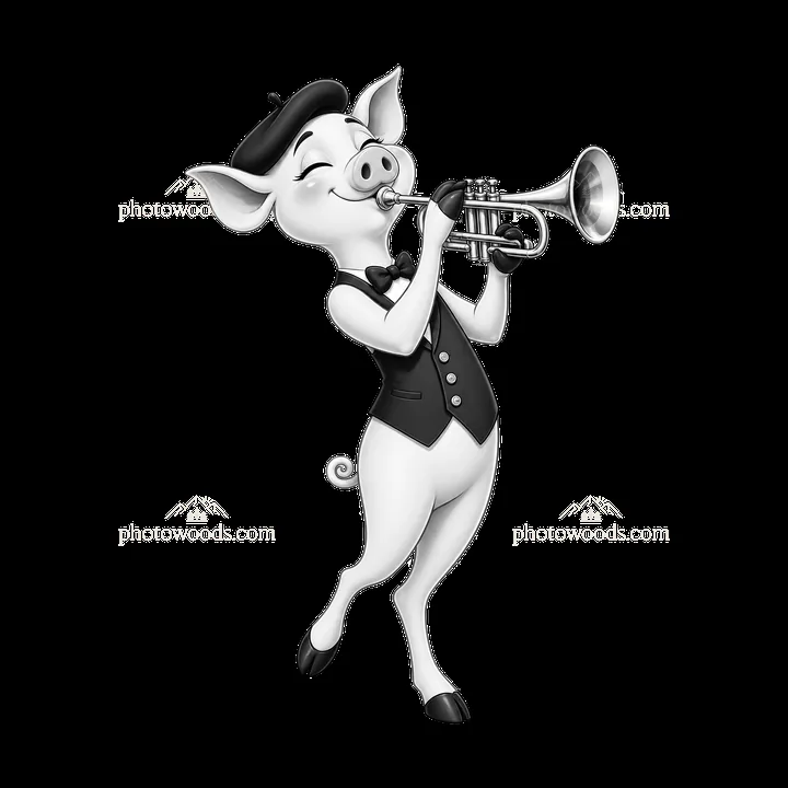 Pig playing trumpet in stylish outfit with bow tie and beret - AI-generated stock image