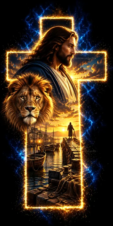 Jesus Christ with lion and boats in a vibrant sunset scene - AI-generated stock image