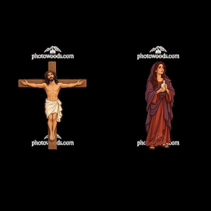 Jesus on the cross and Mary standing with a candle - AI-generated stock image