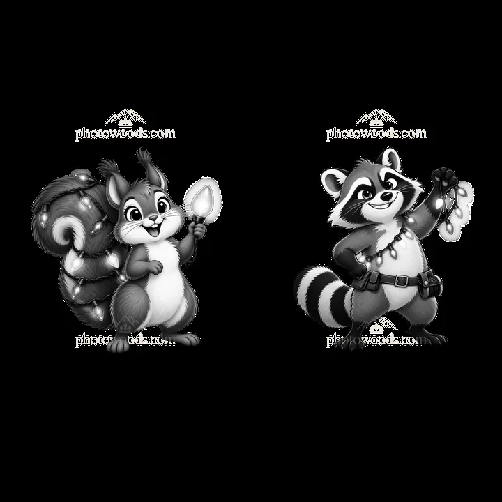 Squirrel and raccoon hold string lights in playful cartoon style - AI-generated stock image