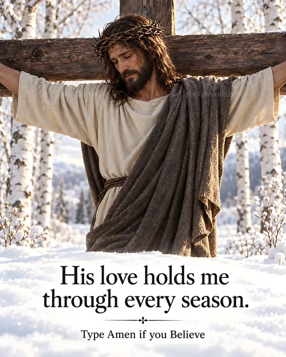 Grace in the winter season with a figure on a cross - AI-generated stock image